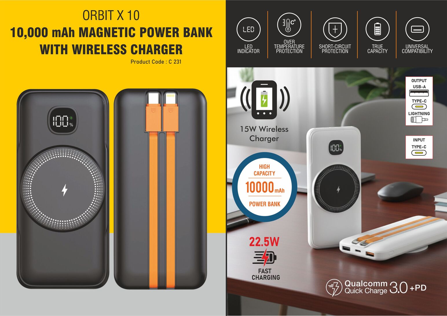 C231 – Orbit X 10: 10,000 mAh Magnetic Power bank With Wireless Charger | Integrated cables | 15W wireless charging | Output ports: 2 USB A, 1 USB C | 22.5W Fast charging | Supports Qualcomm 3.0 + PD charging |– Min 10 pcs