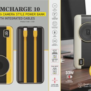 C232 – CamCharge 10: 10,000 mAh Camera Style Power bank With Integrated cables | Beautiful Camera like Design | Output ports: 2 USB A, 1 USB C | 22.5W Fast charging | Supports Qualcomm 3.0 + PD charging |– Min 10 pcs