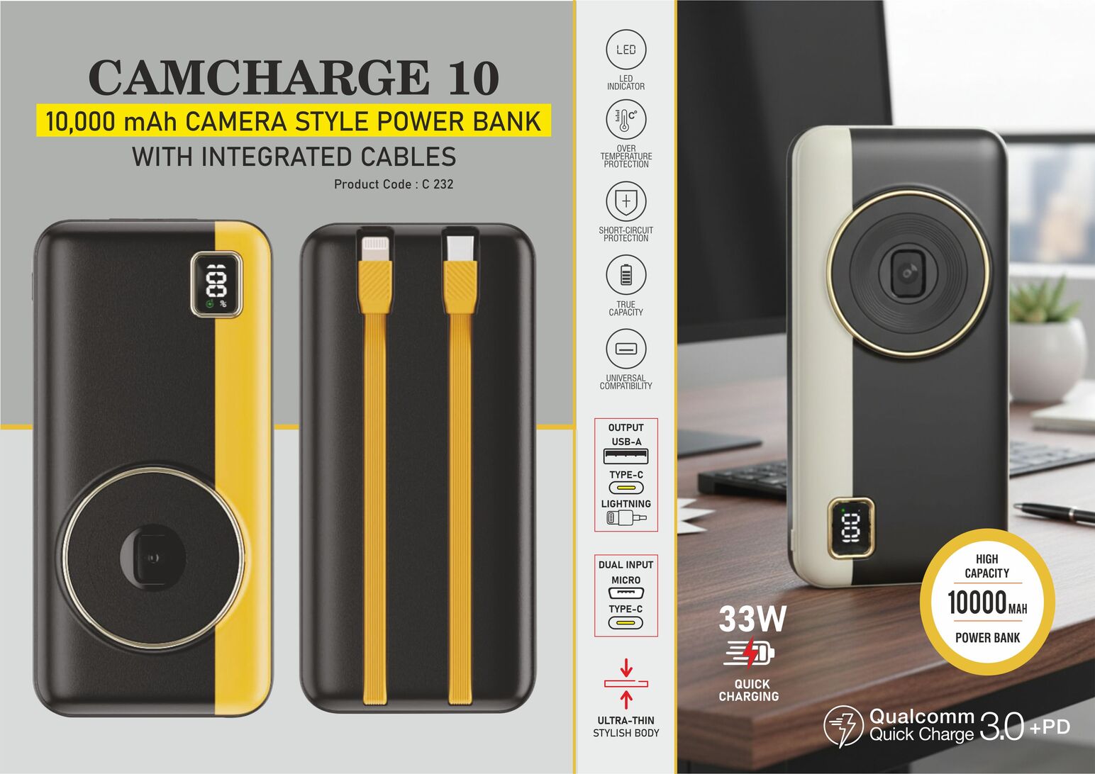 C232 – CamCharge 10: 10,000 mAh Camera Style Power bank With Integrated cables | Beautiful Camera like Design | Output ports: 2 USB A, 1 USB C | 22.5W Fast charging | Supports Qualcomm 3.0 + PD charging |– Min 10 pcs
