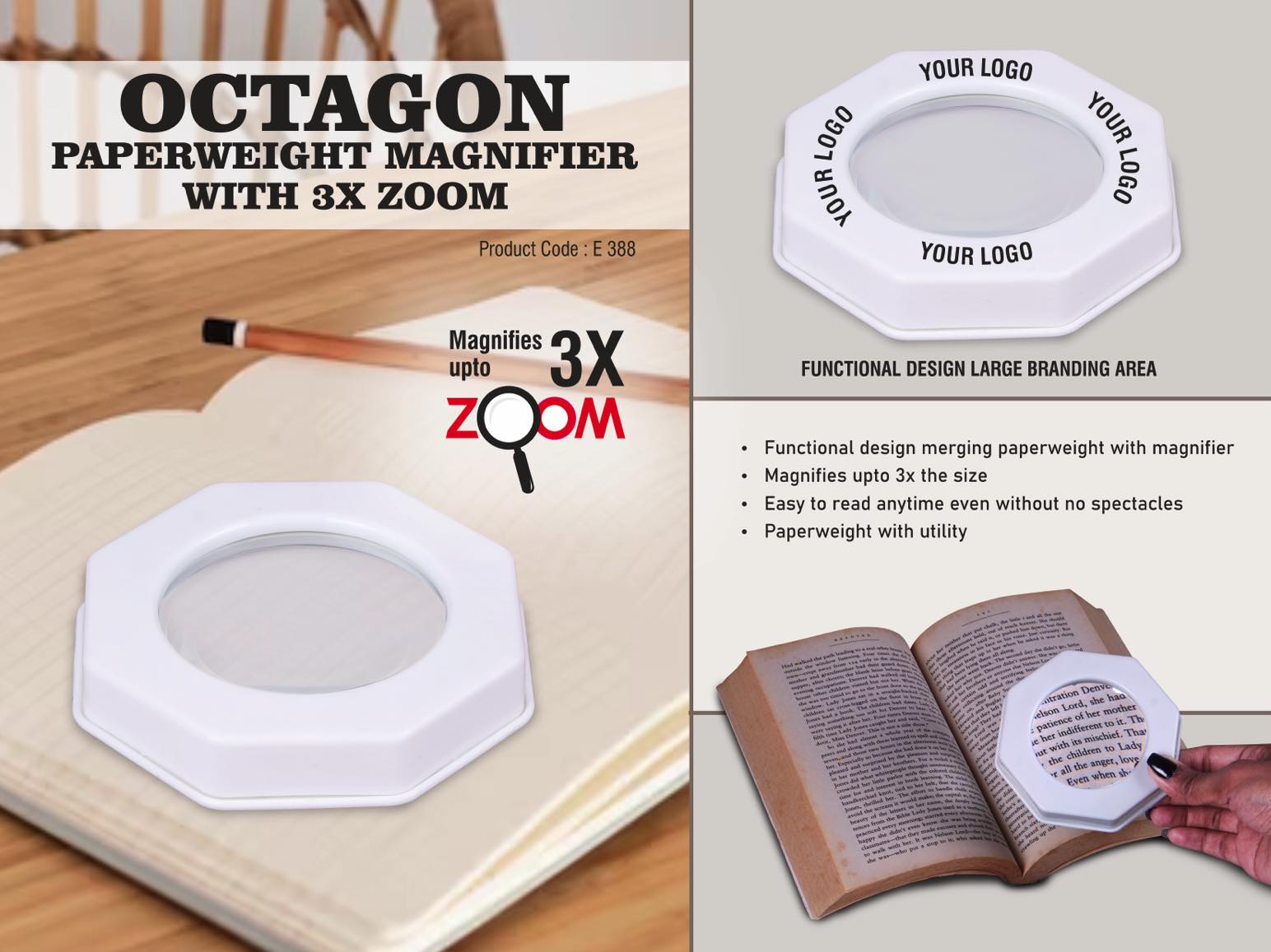 E388 – Octagon Paperweight magnifier with 3X Zoom– Min 10 pcs