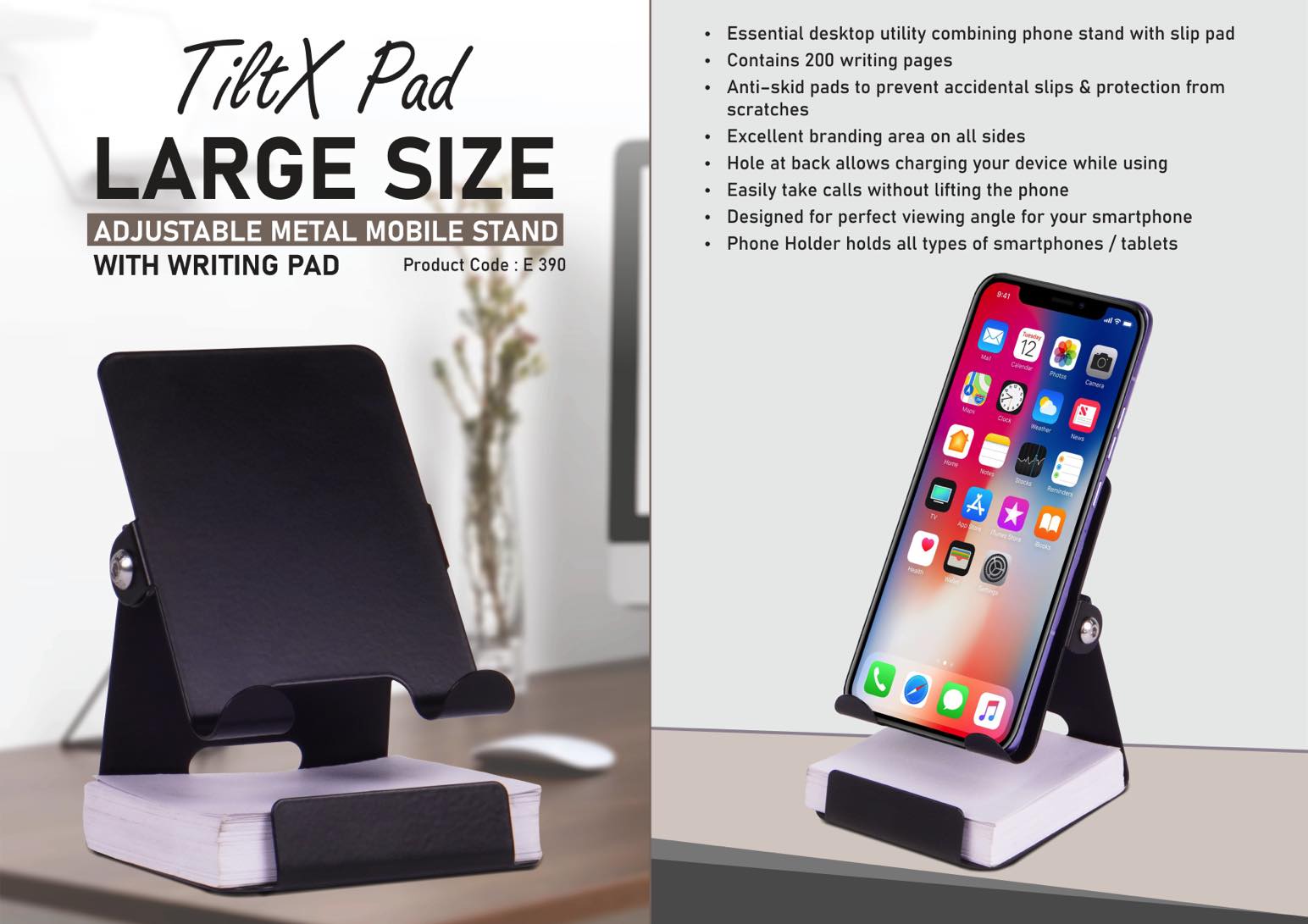 E390 – TiltX Pad: Large size Adjustable metal mobile stand with writing pad | 200 writing sheets– Min 10 pcs