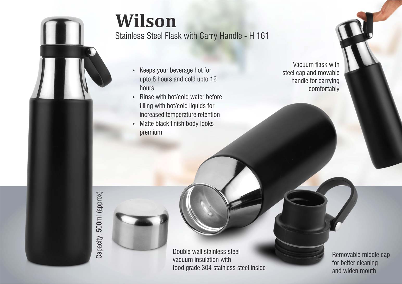 H161 – Wilson: Stainless steel flask with carry handle (500 ml approx)– Min 10 pcs