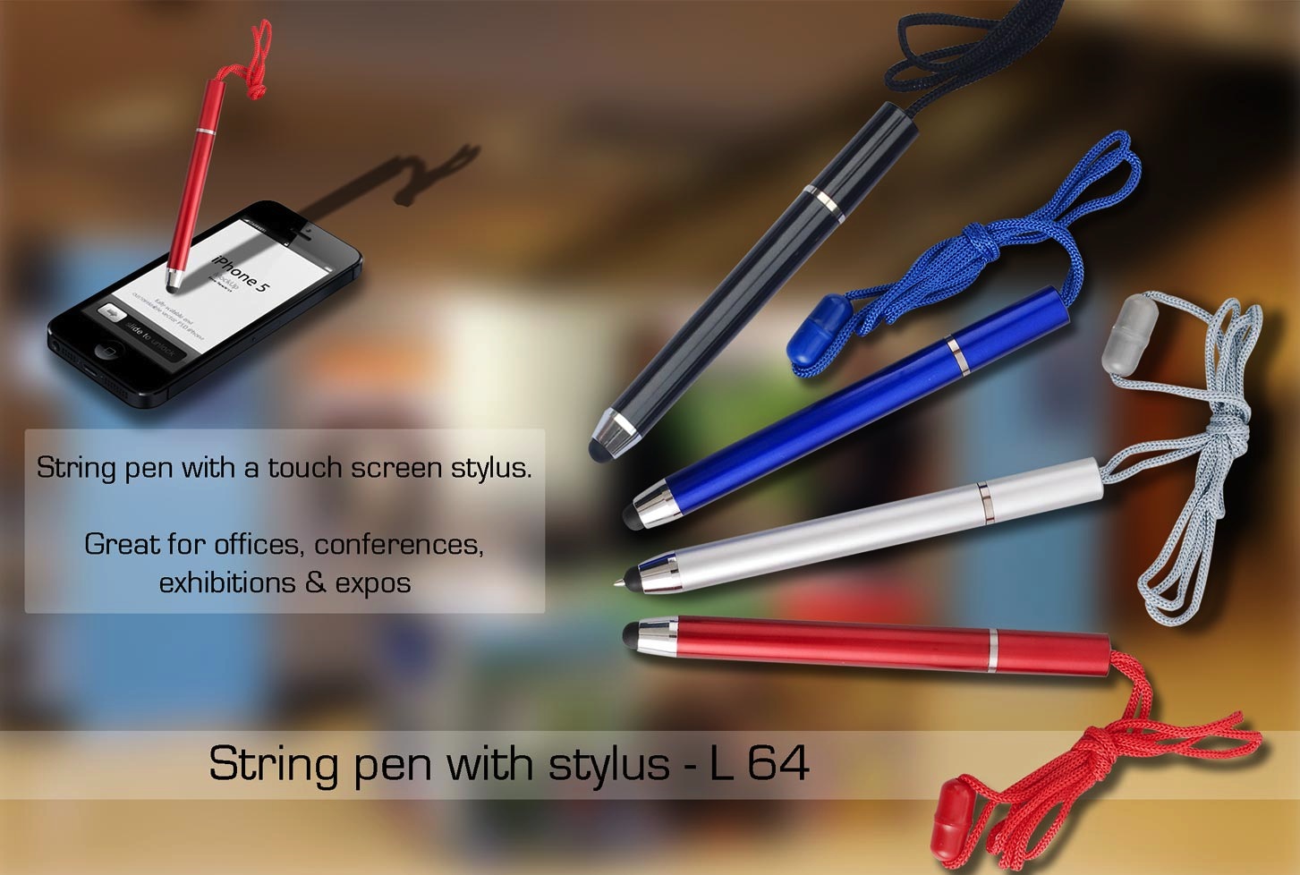 L64 – String pen with stylus– Min 10 pcs
