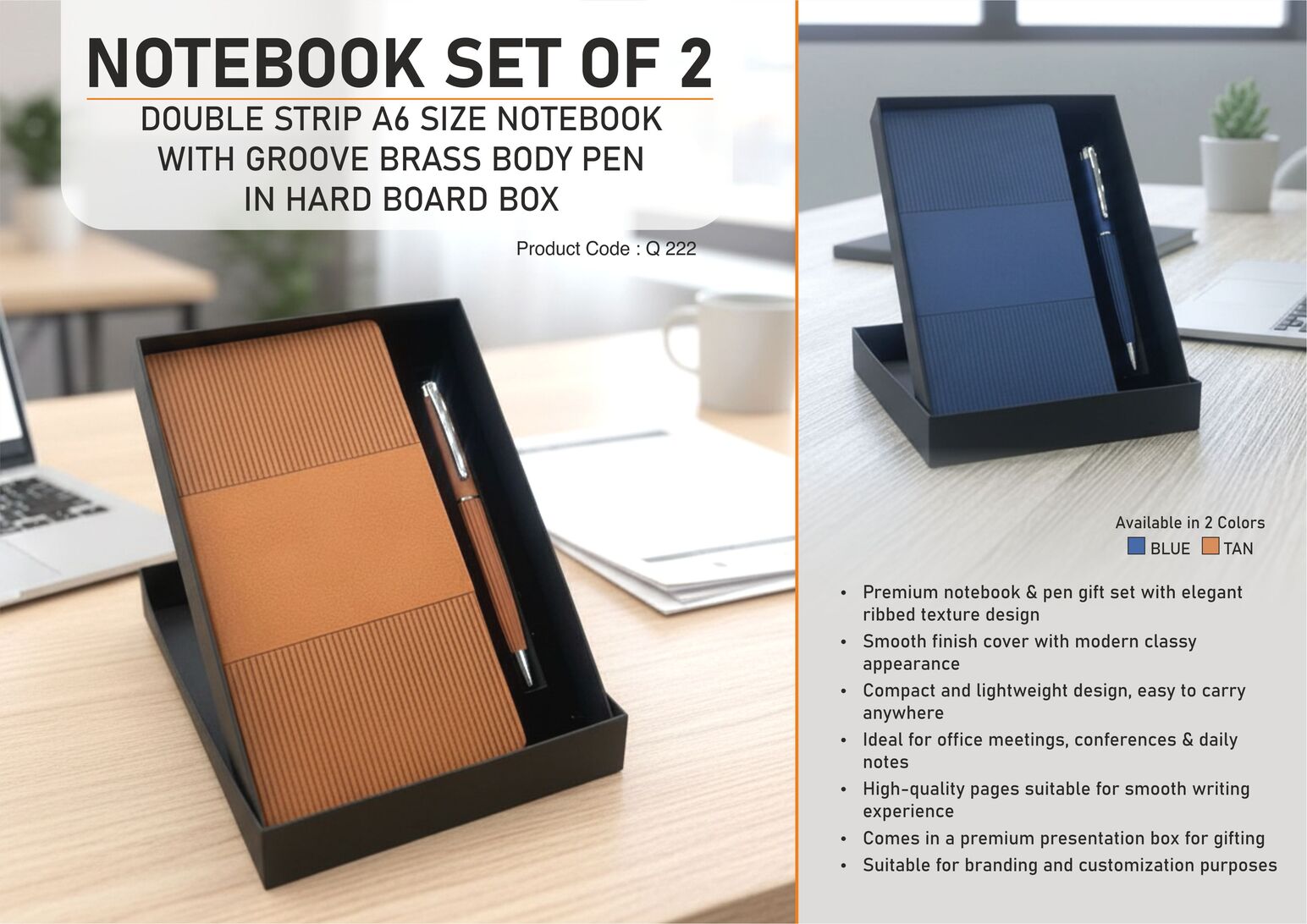 Q222 – Notebook Set of 2: Double Strip A6 size Notebook, Groove Brass body pen in Hard board box – Min 10 pcs