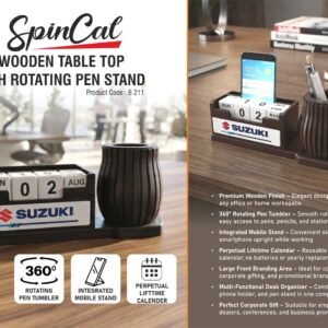 B211 – SpinCal: Wooden Table top with Rotating Pen stand tumbler, Mobile stand, and Lifetime Calender | Large branding area in front– Min 10 pcs