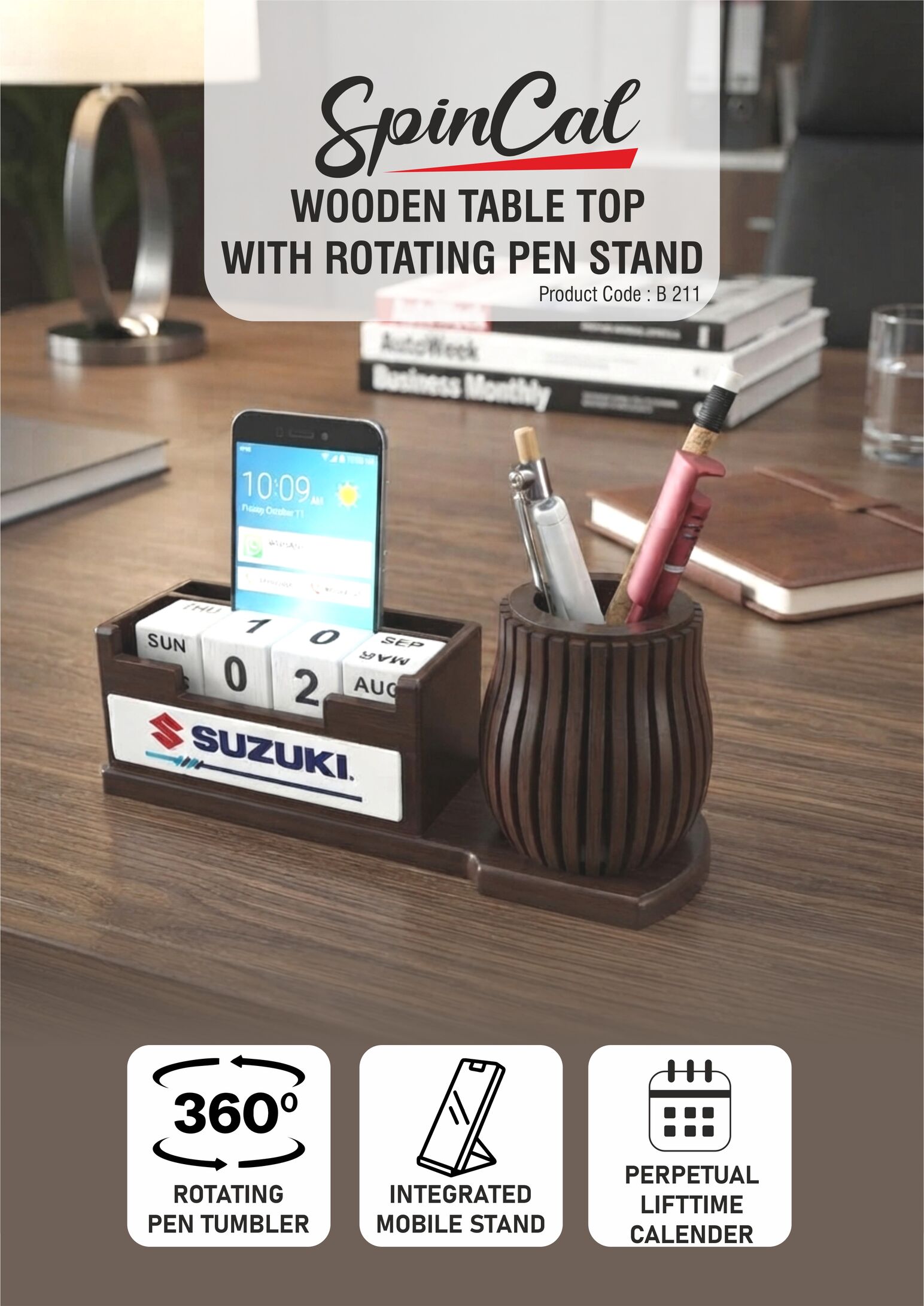 B211 – SpinCal: Wooden Table top with Rotating Pen stand tumbler, Mobile stand, and Lifetime Calender | Large branding area in front– Min 10 pcs - Image 2