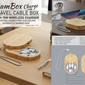 C219 – BamBox Charge: Travel Cable box with 15W Fast Wireless charger | Universal connectors, ejector pin in Magnetic Bamboo Case – Min 10 pcs