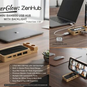 C221 – PowerGlow ZenHub: Mini Bamboo USB Hub with Backlight | Phone stand | Double pen stand – Min 10 pcs
