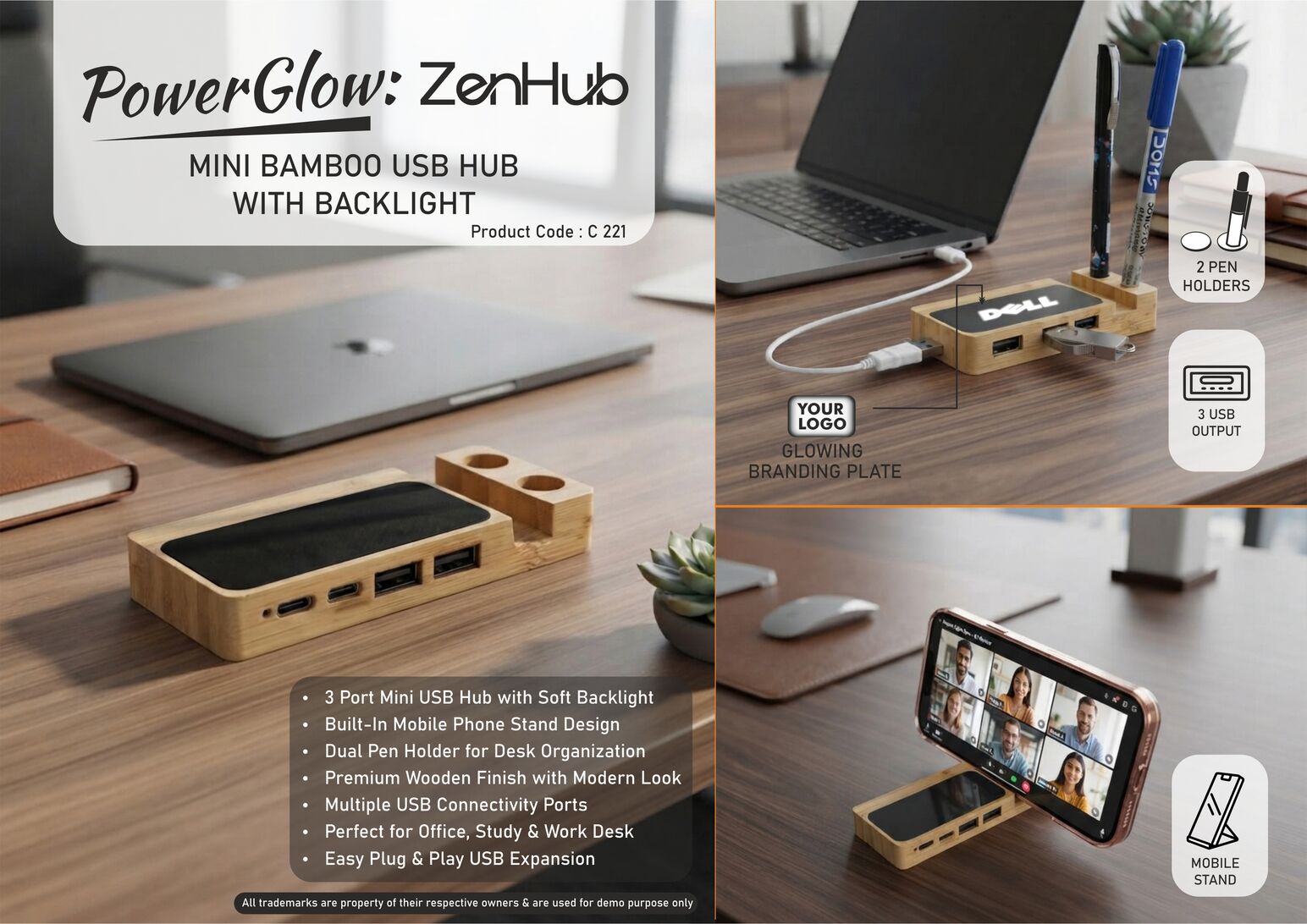 C221 – PowerGlow ZenHub: Mini Bamboo USB Hub with Backlight | Phone stand | Double pen stand – Min 10 pcs