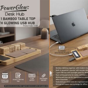 C222 – PowerGlow DeskHub: Bamboo Table top with Perpetual Calendar | USB Hub with Backlight | Double Writing Pad | Stationery holder | Pen Stand – Min 10 pcs