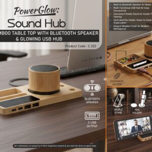 C223 – PowerGlow SoundHub: Bamboo Table Top with Bluetooth Speaker | USB Hub with Backlight | Mobile Stand | Stationery Holder | Pen Stand – Min 10 pcs