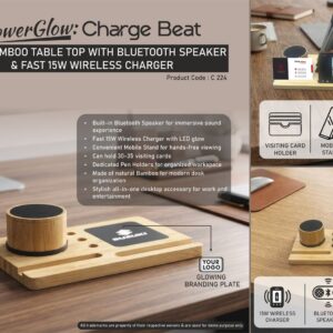 C224 – PowerGlow ChargeBeat: Bamboo Table Top with Bluetooth Speaker | Backlit 15W Fast Wireless Charger | Mobile Stand | Visiting Card Holder | Pen Stand – Min 10 pcs