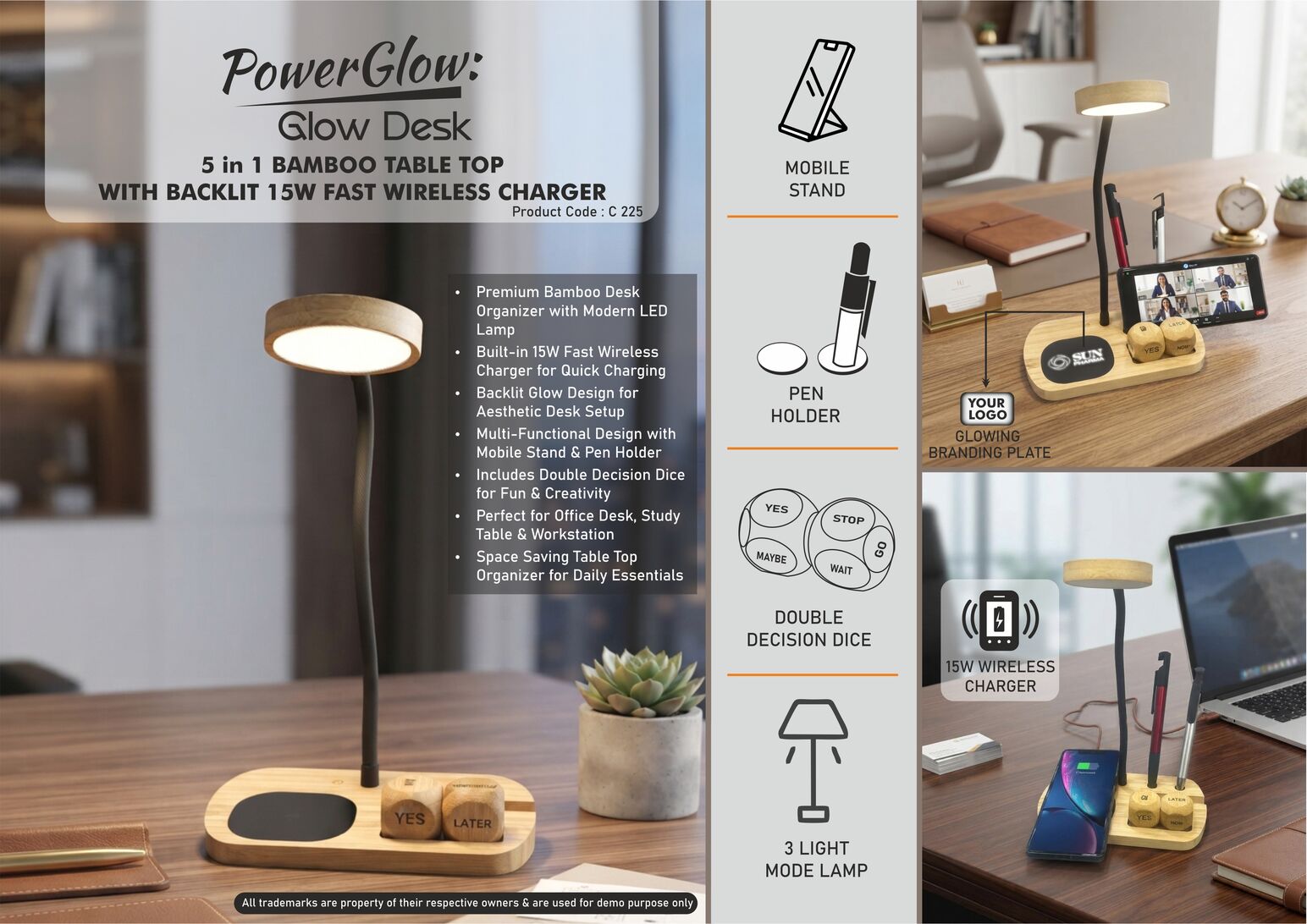 C225 – PowerGlow GlowDesk: Bamboo Table Top with LED Lamp | Backlit 15W Fast Wireless Charger | Double Decision Dice | Mobile Stand | Pen Stand – Min 10 pcs