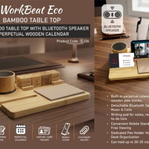 C226 – WorkBeat Eco: Bamboo Table Top with Bluetooth Speaker | Perpetual Calendar | Mobile Stand | Writing Pad | Pen Stand | Visiting Card Holder | Can hold 30-35 cards – Min 10 pcs