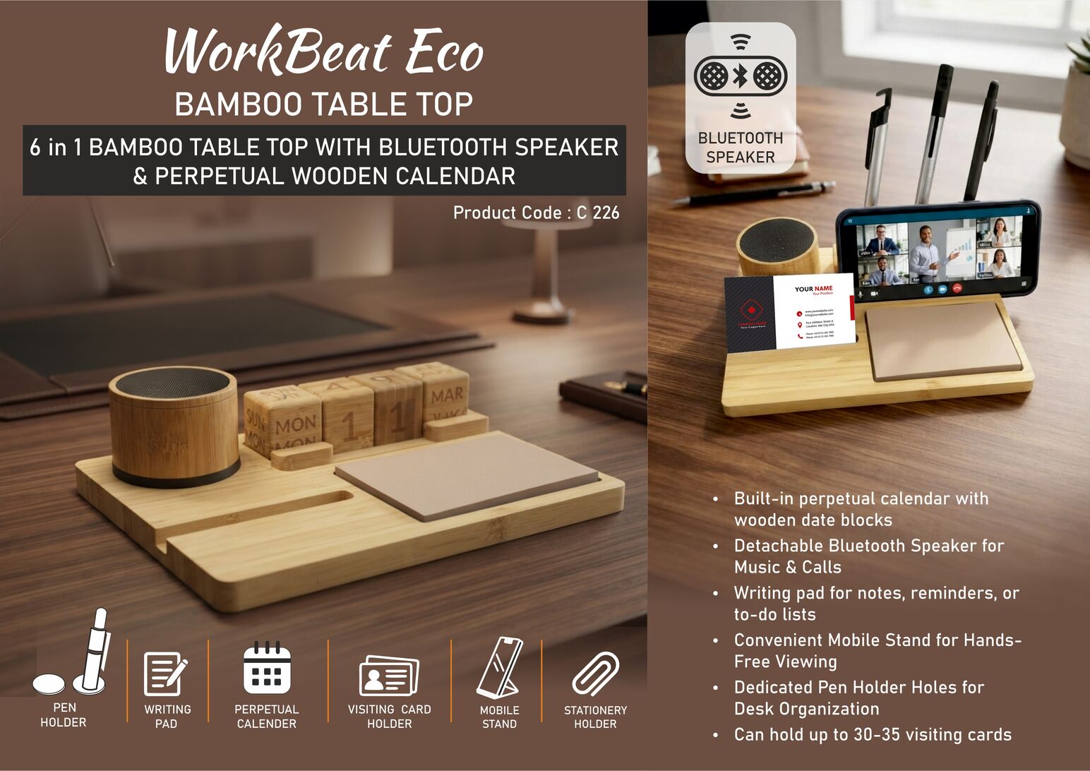 C226 – WorkBeat Eco: Bamboo Table Top with Bluetooth Speaker | Perpetual Calendar | Mobile Stand | Writing Pad | Pen Stand | Visiting Card Holder | Can hold 30-35 cards – Min 10 pcs