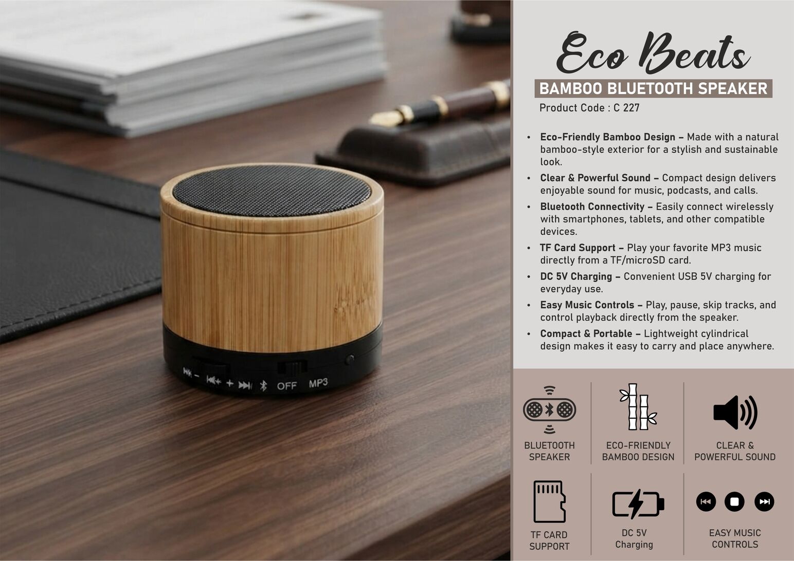 C227 – EcoBeats: Bamboo Bluetooth speaker – Min 10 pcs