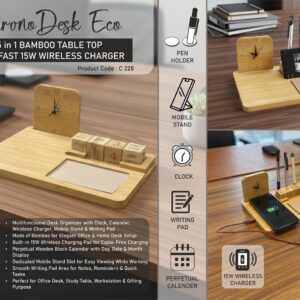 C228 – ChronoDesk Eco: Bamboo Table Top with Clock | Perpetual Calendar | 15W Fast Wireless Charger | Mobile Stand | Writing Pad – Min 10 pcs