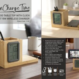 C229 – ZenCharge Time: Bamboo Pen Stand with Clock | Mobile Stand | 15W Fast Wireless Charger | Visiting Card Holder | Can hold 30-35 cards
