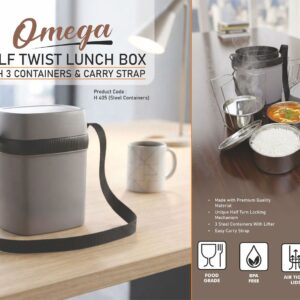 H405 – Omega Steel: Half twist Lunch box | 3 Stainless Steel containers | Easy Carry strap– Min 10 pcs