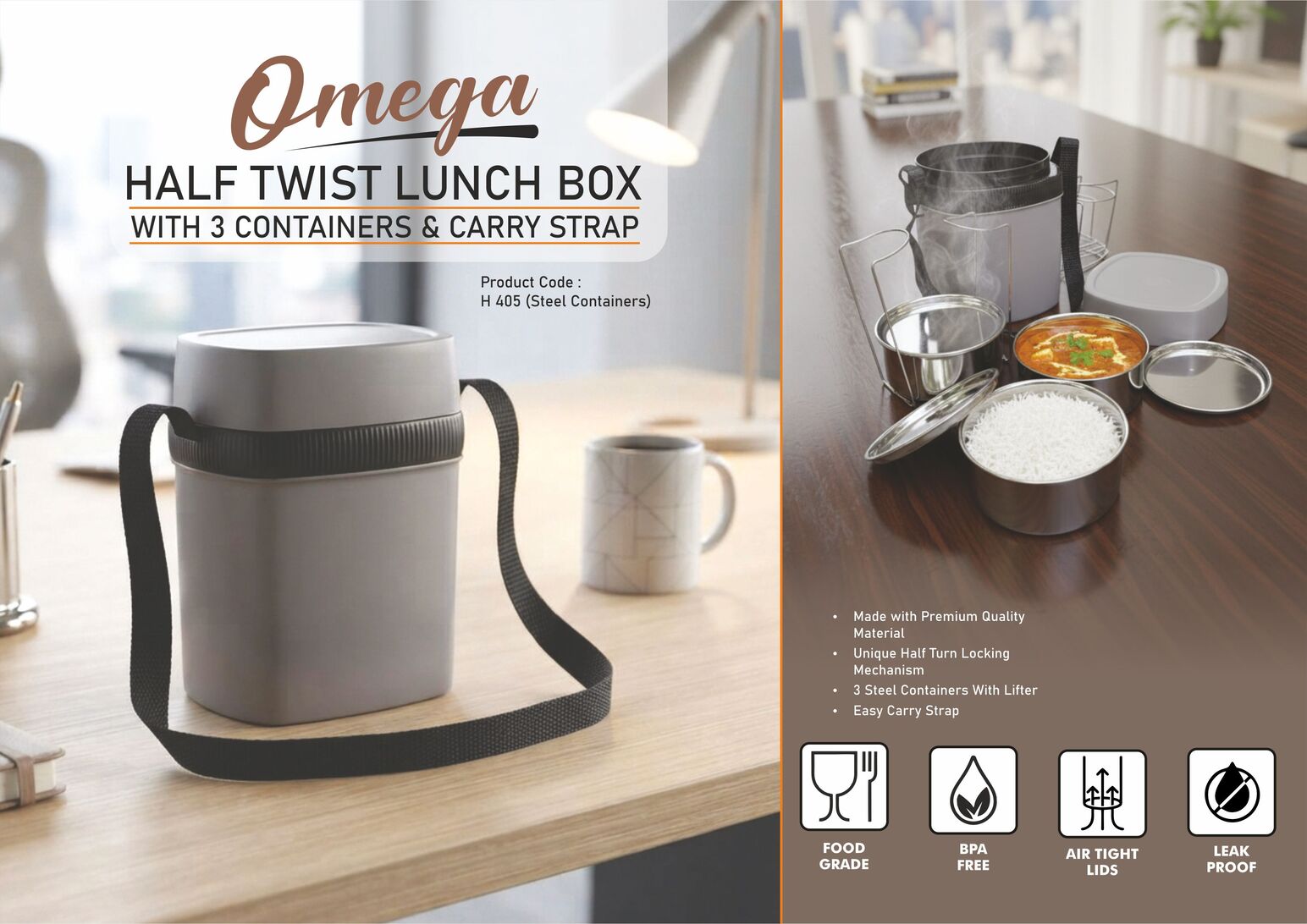 H405 – Omega Steel: Half twist Lunch box | 3 Stainless Steel containers | Easy Carry strap– Min 10 pcs