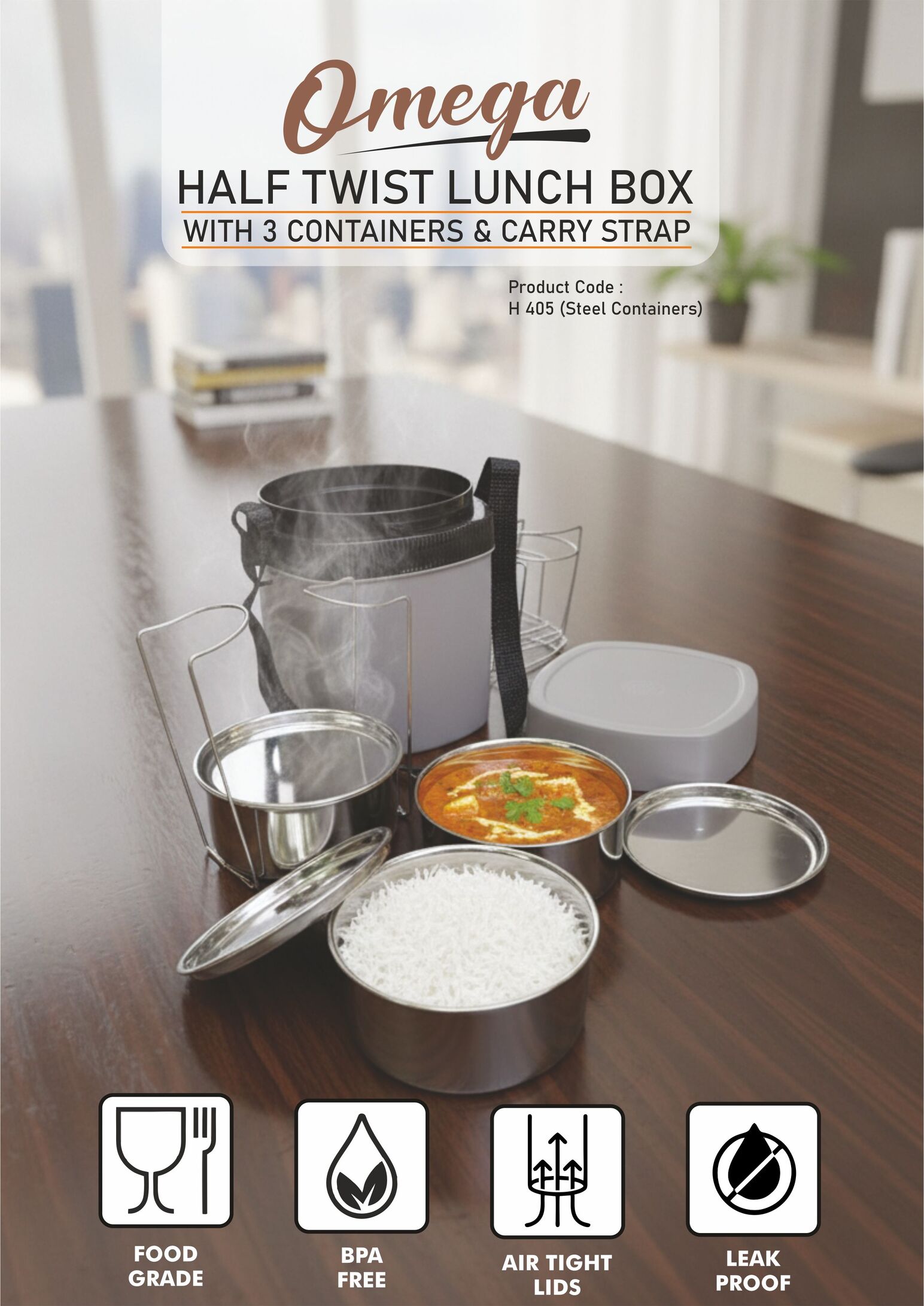 H405 – Omega Steel: Half twist Lunch box | 3 Stainless Steel containers | Easy Carry strap– Min 10 pcs - Image 2