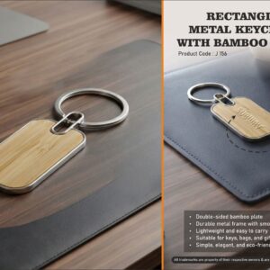 J156 – Rectangle metal keychain With Bamboo plate (Double side)- Min 10 pcs