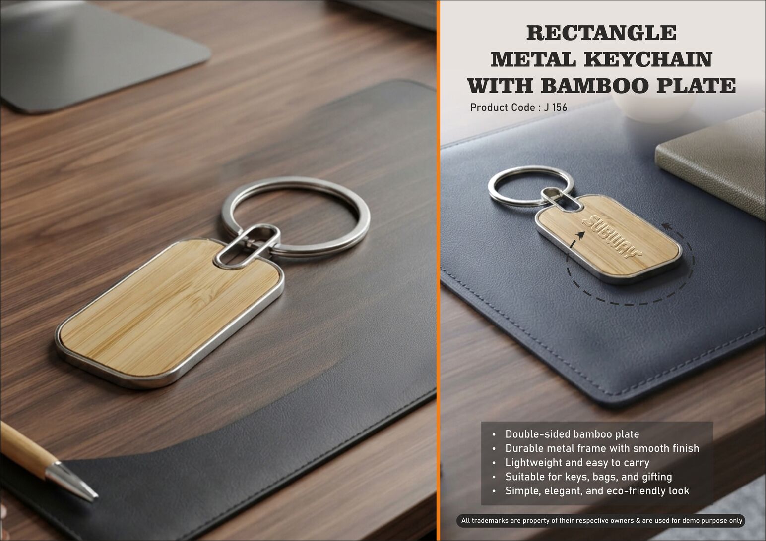 J156 – Rectangle metal keychain With Bamboo plate (Double side)- Min 10 pcs
