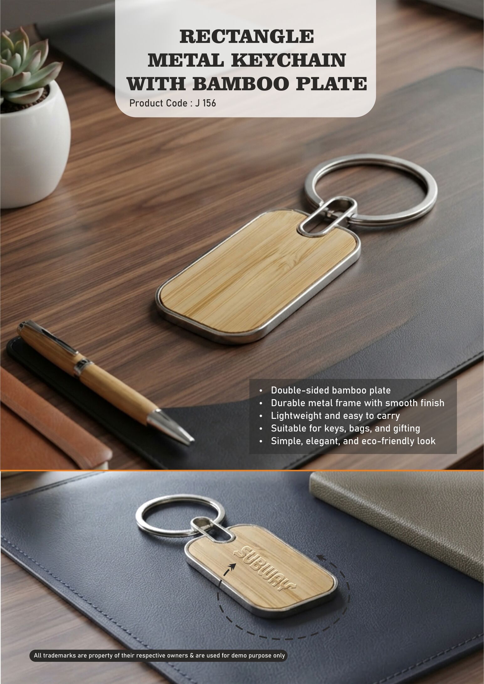 J156 – Rectangle metal keychain With Bamboo plate (Double side)- Min 10 pcs - Image 2