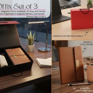 Q230a – Offix Set of 3: Magnetic 3 Fold Notebook, SS Mug with Handle, Metal Pen with Fidget ball in Magnetic Gift Box with Handle - Min 10 pcs