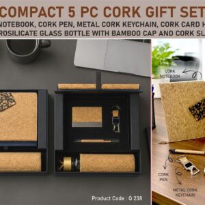 Q238 – Compact Set of 5: Cork Duo notebook with Magnetic Flap, Glass bottle with Cork sleeve, Cork Pen, Cork Keychain with opener, Cork Visiting card holder in Hard board Gift Box - Min 10 pcs