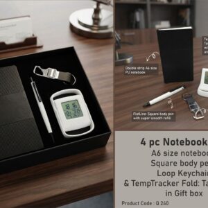 Q240 – Compact Set of 4: Double Strip A6 size Notebook, Metal Hanging Keychain, Folding Clock with Phone Stand, Square shaped pen in Hard board box - Min 10 pcs