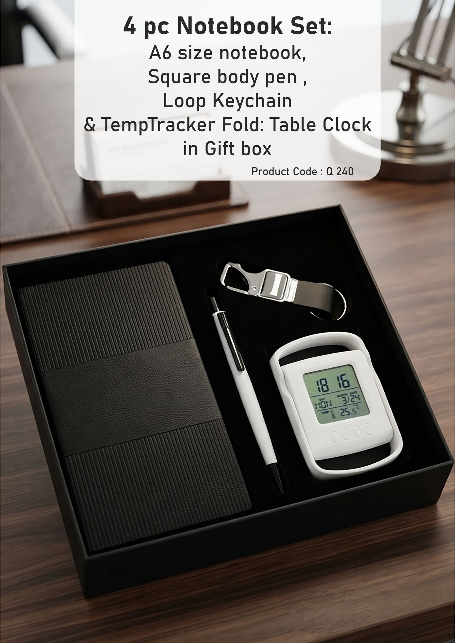 Q240 – Compact Set of 4: Double Strip A6 size Notebook, Metal Hanging Keychain, Folding Clock with Phone Stand, Square shaped pen in Hard board box - Min 10 pcs - Image 2