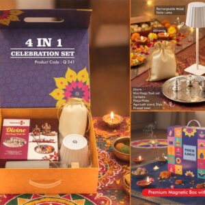 Q241 – Celebrations Set of 4: Divine Mini Pooja Thali Set, Glass bottle with Silicon sleeve, ZigLume Rechargeable Lamp, Almonds in pouch packing in Magnetic Gift Box with Handle - Min 10 pcs