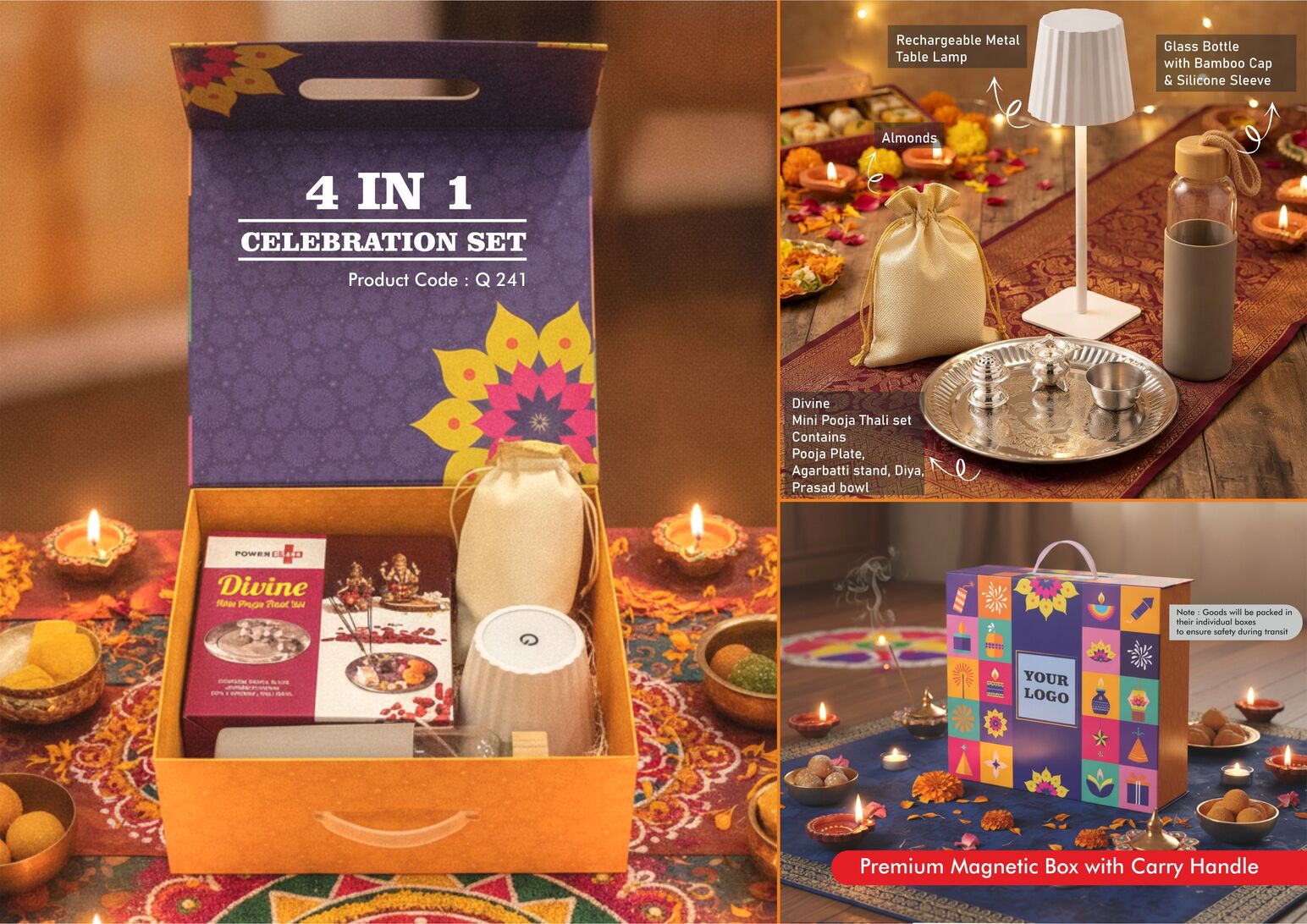Q241 – Celebrations Set of 4: Divine Mini Pooja Thali Set, Glass bottle with Silicon sleeve, ZigLume Rechargeable Lamp, Almonds in pouch packing in Magnetic Gift Box with Handle - Min 10 pcs