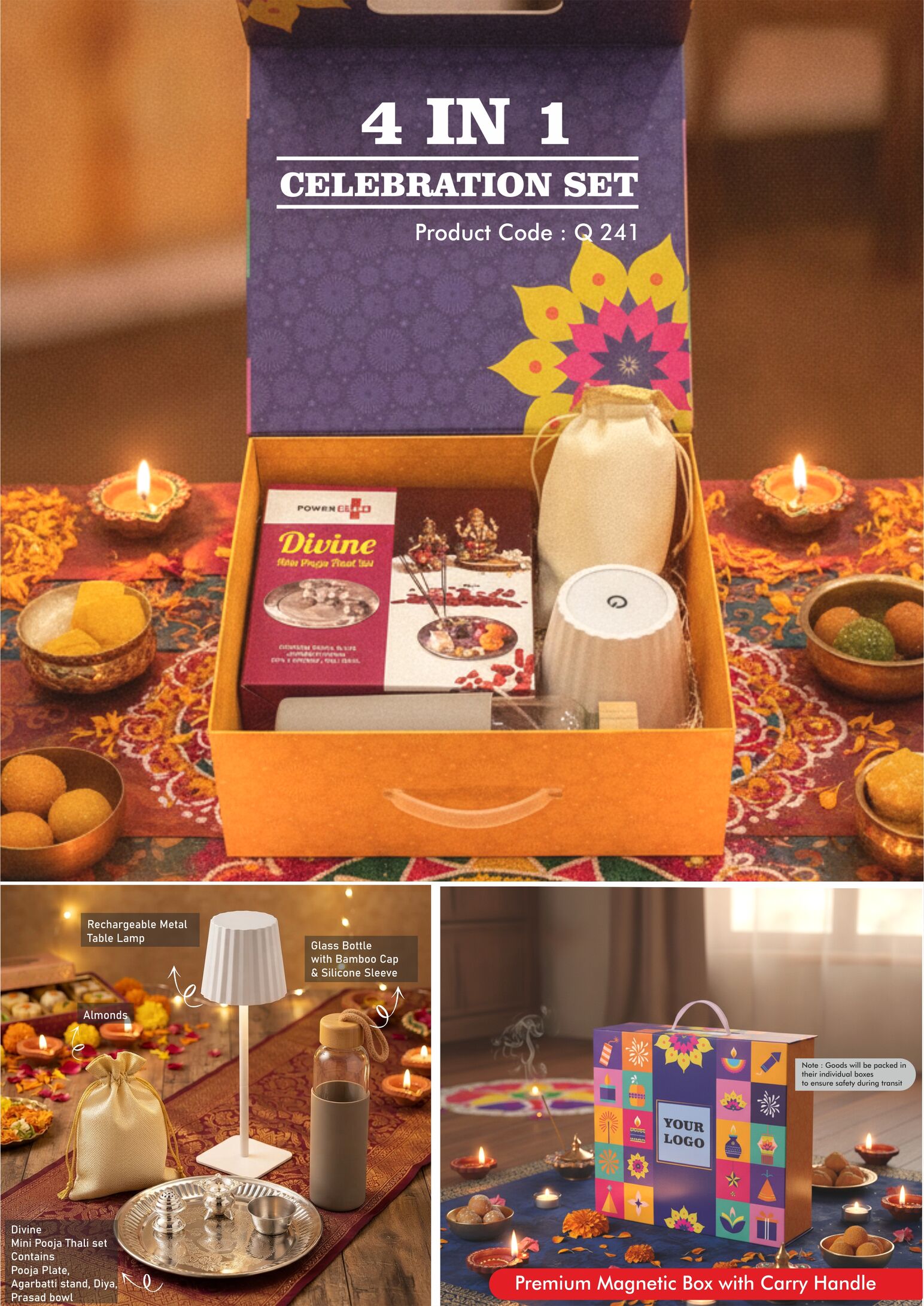 Q241 – Celebrations Set of 4: Divine Mini Pooja Thali Set, Glass bottle with Silicon sleeve, ZigLume Rechargeable Lamp, Almonds in pouch packing in Magnetic Gift Box with Handle - Min 10 pcs - Image 2
