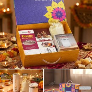 Q242 – Celebrations Set of 4: Divine Mini Pooja Thali Set, Glass bottle with Metal plate, Large SS mug, Almonds in pouch packing in Magnetic Gift Box with Handle - Min 10 pcs