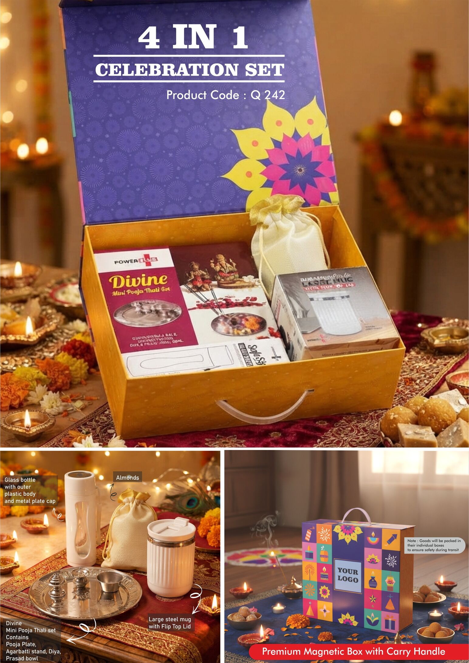 Q242 – Celebrations Set of 4: Divine Mini Pooja Thali Set, Glass bottle with Metal plate, Large SS mug, Almonds in pouch packing in Magnetic Gift Box with Handle - Min 10 pcs