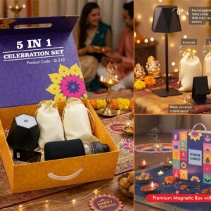 Q242 – Celebrations Set of 4: Divine Mini Pooja Thali Set, Glass bottle with Metal plate, Large SS mug, Almonds in pouch packing in Magnetic Gift Box with Handle - Min 10 pcs