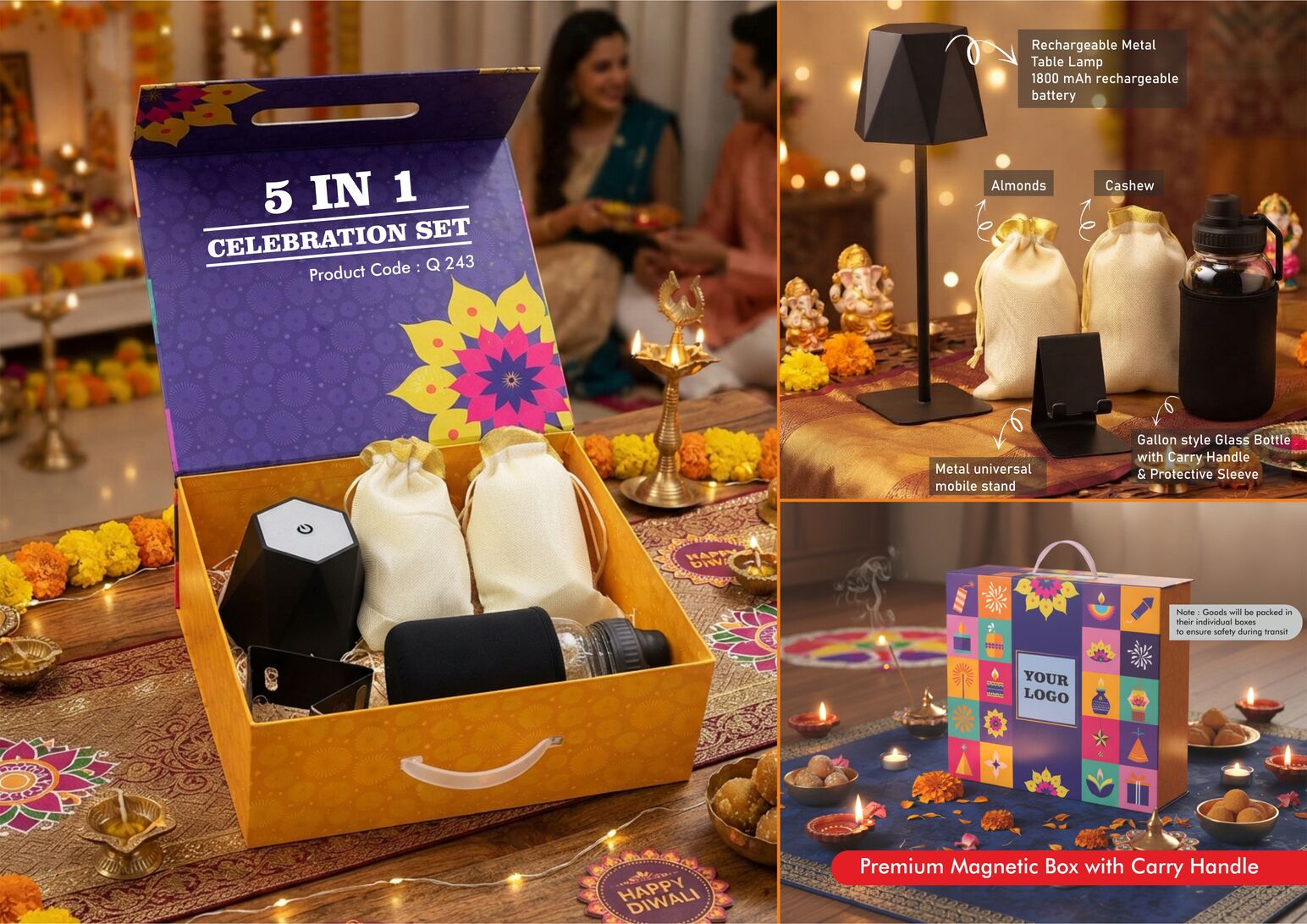 Q242 – Celebrations Set of 4: Divine Mini Pooja Thali Set, Glass bottle with Metal plate, Large SS mug, Almonds in pouch packing in Magnetic Gift Box with Handle - Min 10 pcs