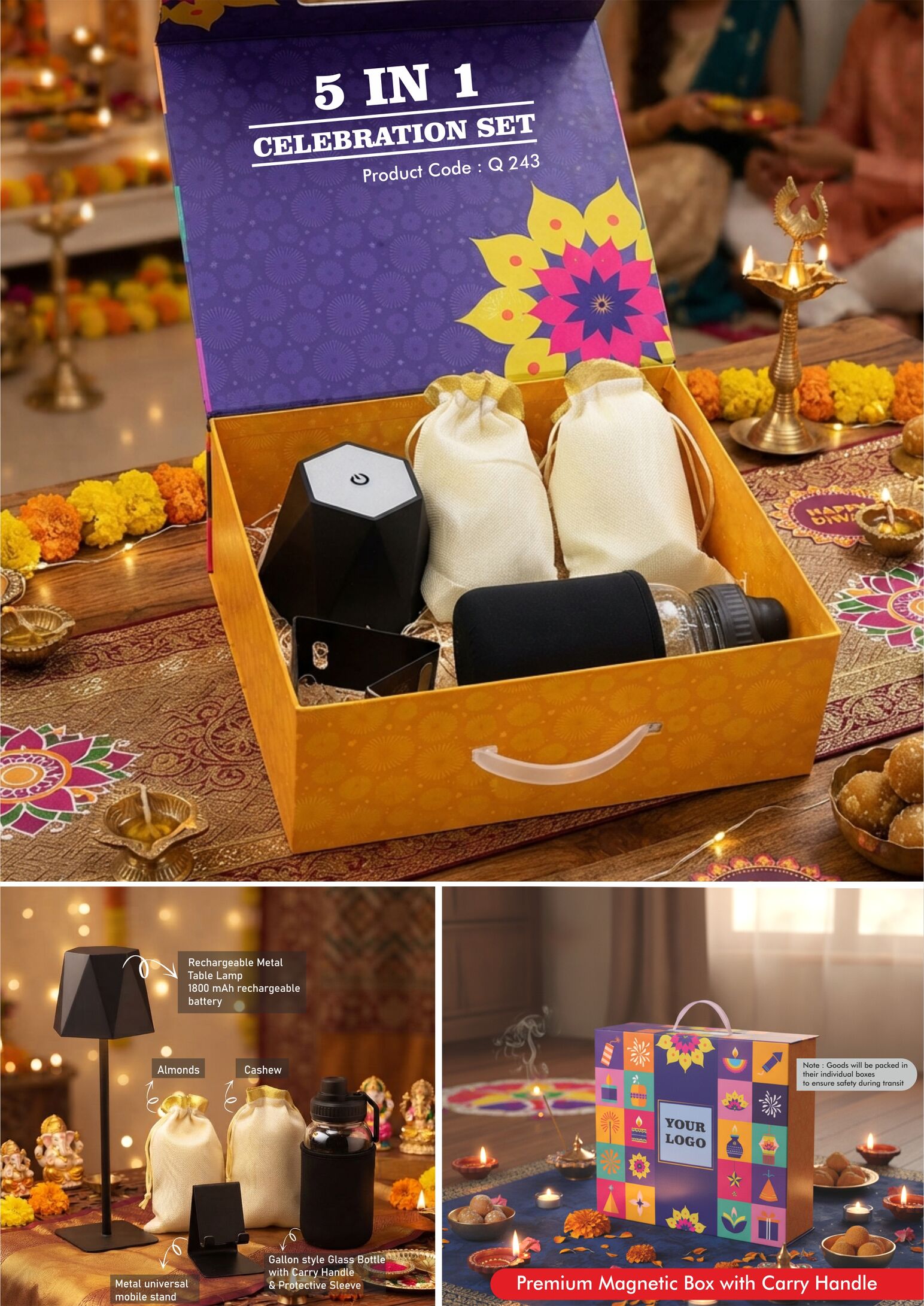 Q242 – Celebrations Set of 4: Divine Mini Pooja Thali Set, Glass bottle with Metal plate, Large SS mug, Almonds in pouch packing in Magnetic Gift Box with Handle - Min 10 pcs - Image 3