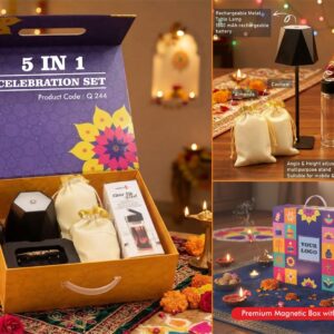 Q244 – Celebrations Set of 5: DuneLume Rechargeable Lamp, Premium Borosilicate Bottle, Foldable Multipurpose stand, Almonds in pouch packing, Cashews in pouch packing in Magnetic Gift Box with Handle - Min 10 pcs