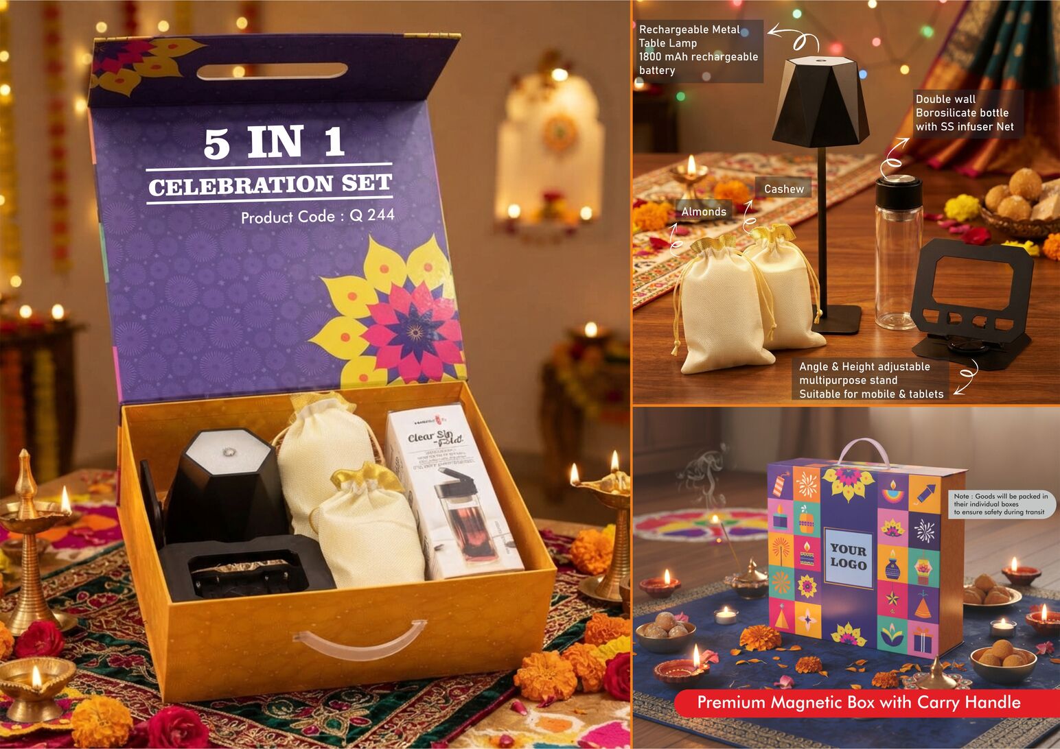 Q244 – Celebrations Set of 5: DuneLume Rechargeable Lamp, Premium Borosilicate Bottle, Foldable Multipurpose stand, Almonds in pouch packing, Cashews in pouch packing in Magnetic Gift Box with Handle - Min 10 pcs