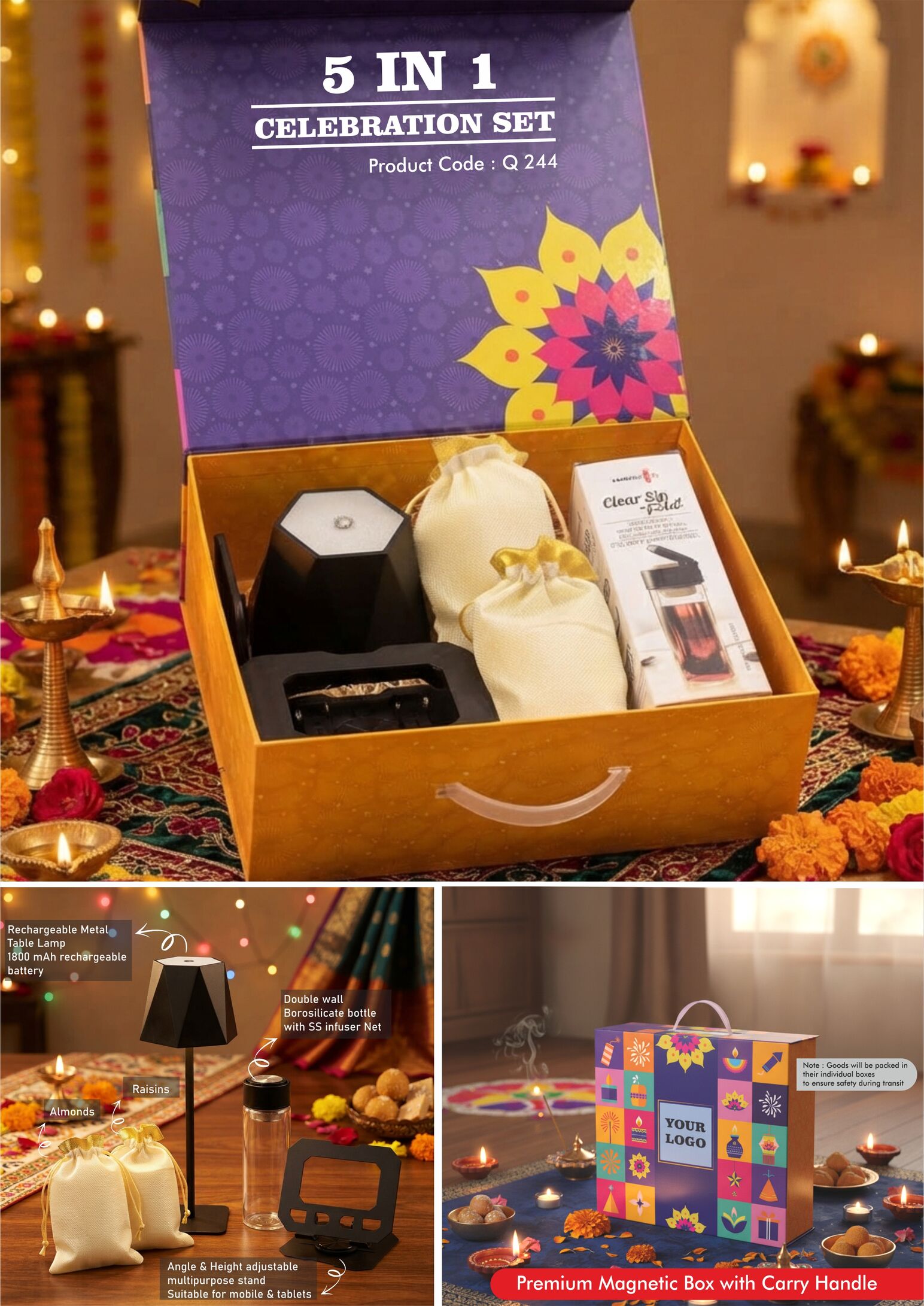Q244 – Celebrations Set of 5: DuneLume Rechargeable Lamp, Premium Borosilicate Bottle, Foldable Multipurpose stand, Almonds in pouch packing, Cashews in pouch packing in Magnetic Gift Box with Handle - Min 10 pcs - Image 2
