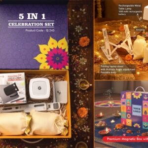 Q245 – Celebrations Set of 5: Lumibloc Rechargeable Lamp, Large SS mug, Folding Laptop stand, Almonds in pouch packing, Cashews in pouch packing in Magnetic Gift Box with Handle - Min 10 pcs