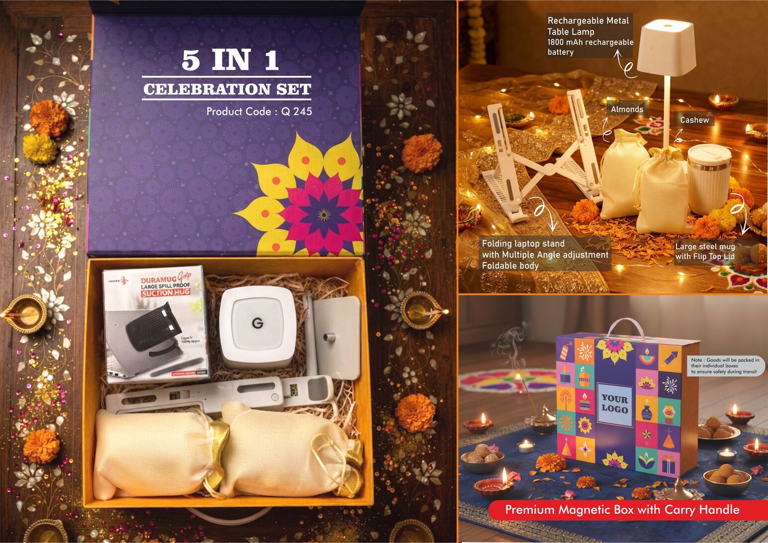 Q245 – Celebrations Set of 5: Lumibloc Rechargeable Lamp, Large SS mug, Folding Laptop stand, Almonds in pouch packing, Cashews in pouch packing in Magnetic Gift Box with Handle - Min 10 pcs