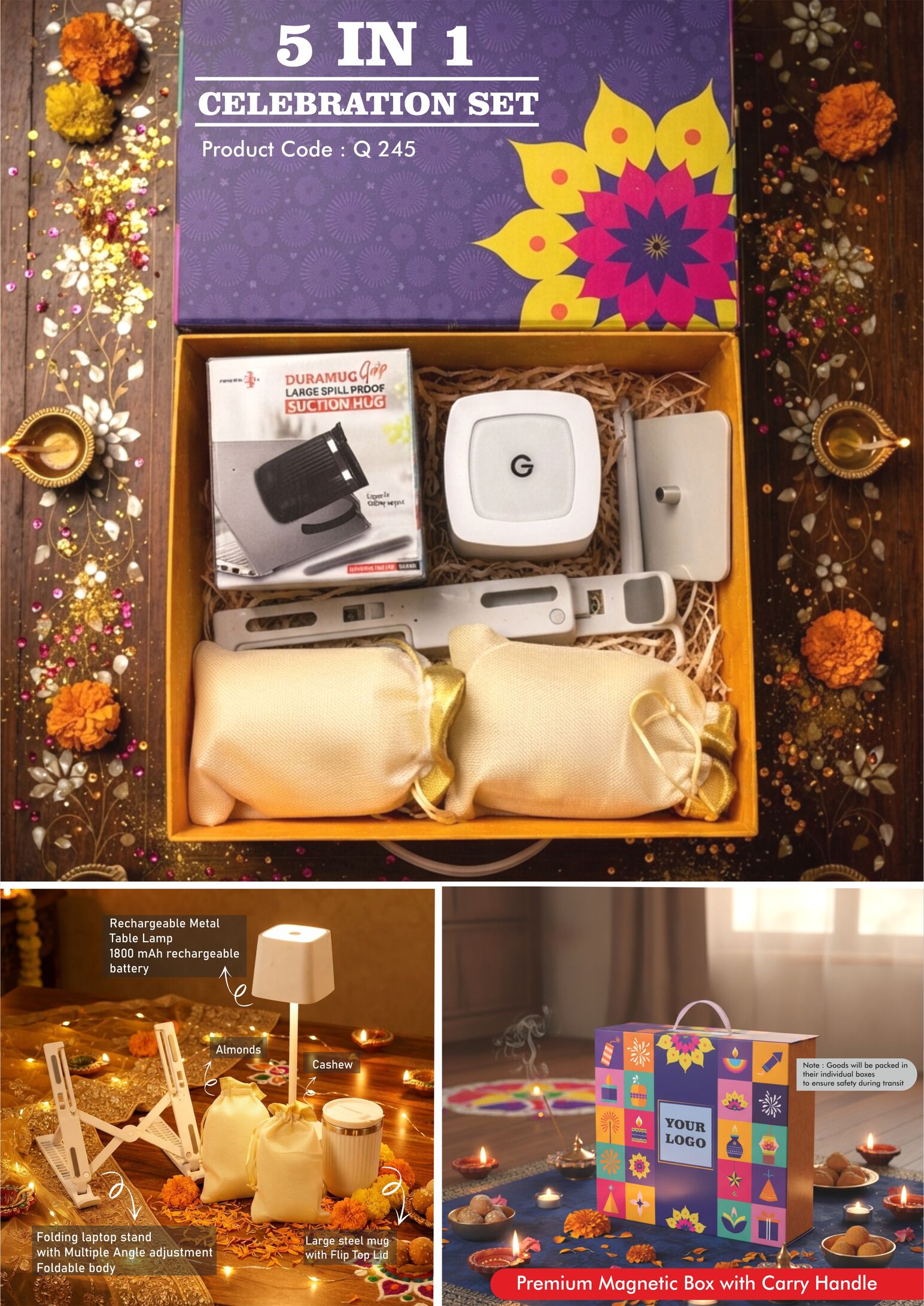 Q245 – Celebrations Set of 5: Lumibloc Rechargeable Lamp, Large SS mug, Folding Laptop stand, Almonds in pouch packing, Cashews in pouch packing in Magnetic Gift Box with Handle - Min 10 pcs - Image 2