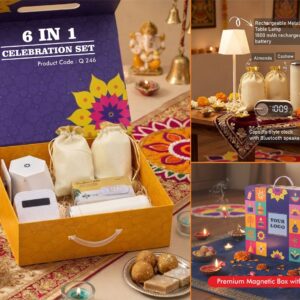 Q246 – Celebrations Set of 6: DuneLume Rechargeable Lamp, Glass bottle with chrome lid, Clock with Bluetooth speaker, Foldable Multipurpose stand, Almonds in pouch packing, Cashews in pouch packing in Magnetic Gift Box with Handle - Min 10 pcs