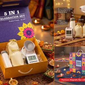 Q247 – Celebrations Set of 5: Brighto LED Lamp, Glass bottle with phone stand, Clock with Pen Stand, Almonds in pouch packing, Cashews in pouch packing in Magnetic Gift Box with Handle - Min 10 pcs