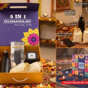 Q248 – Celebrations Set of 5: Lumibloc Rechargeable Lamp, Cola SS Bottle 750Ml, 10,000 mAh Power Bank, Almonds in pouch packing, Cashews in pouch packing in Magnetic Gift Box with Handle - Min 10 pcs