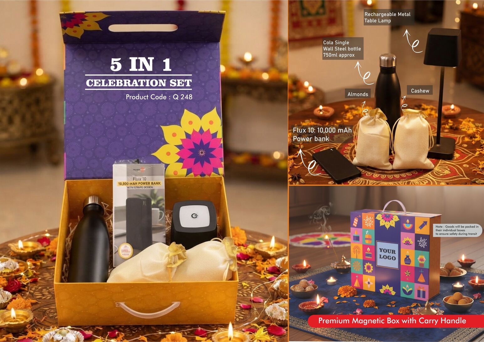 Q248 – Celebrations Set of 5: Lumibloc Rechargeable Lamp, Cola SS Bottle 750Ml, 10,000 mAh Power Bank, Almonds in pouch packing, Cashews in pouch packing in Magnetic Gift Box with Handle - Min 10 pcs